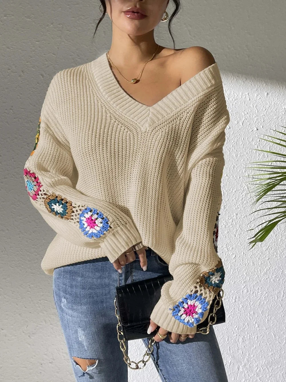 Kine | Floral Sleeve V-Neck Sweater - Premium Sweater from Get Dore - Shop now at Get Dore