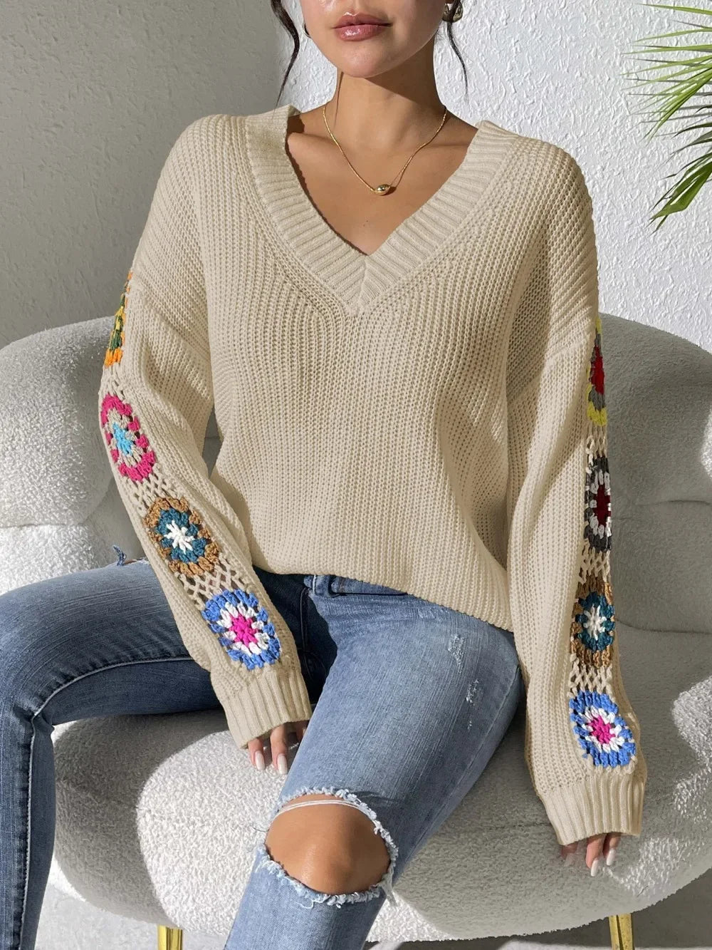 Kine | Floral Sleeve V-Neck Sweater - Premium Sweater from Get Dore - Shop now at Get Dore