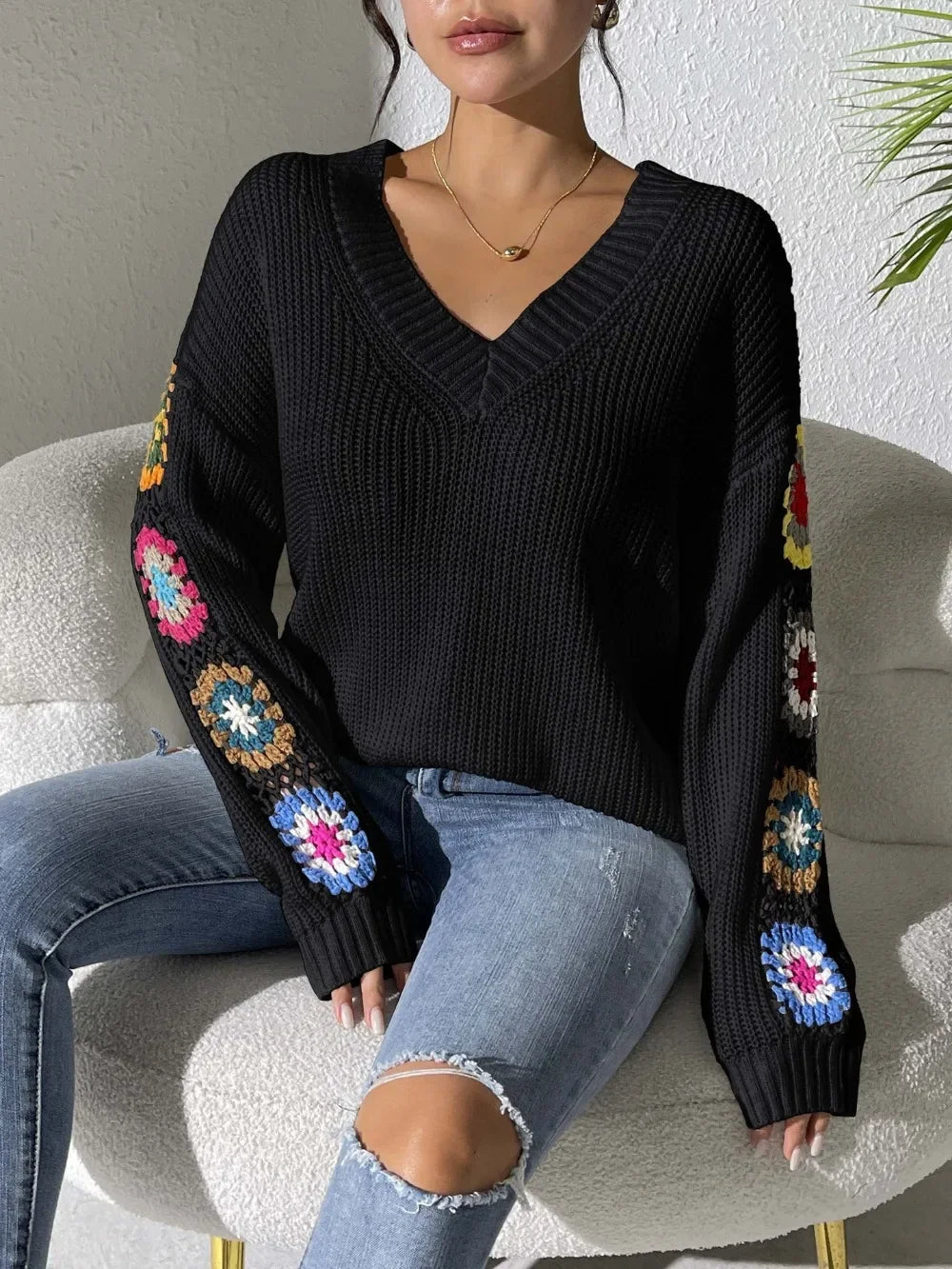 Kine | Floral Sleeve V-Neck Sweater - Premium Sweater from Get Dore - Shop now at Get Dore