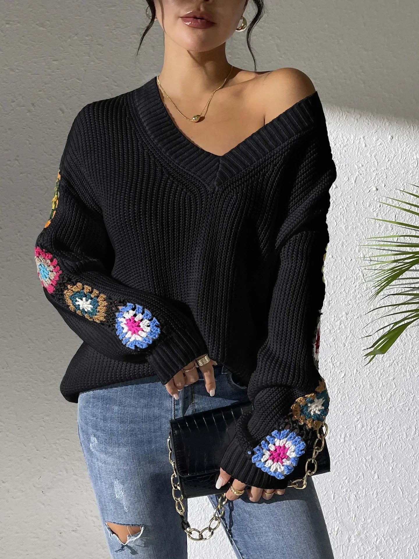 Kine | Floral Sleeve V-Neck Sweater - Premium Sweater from Get Dore - Shop now at Get Dore