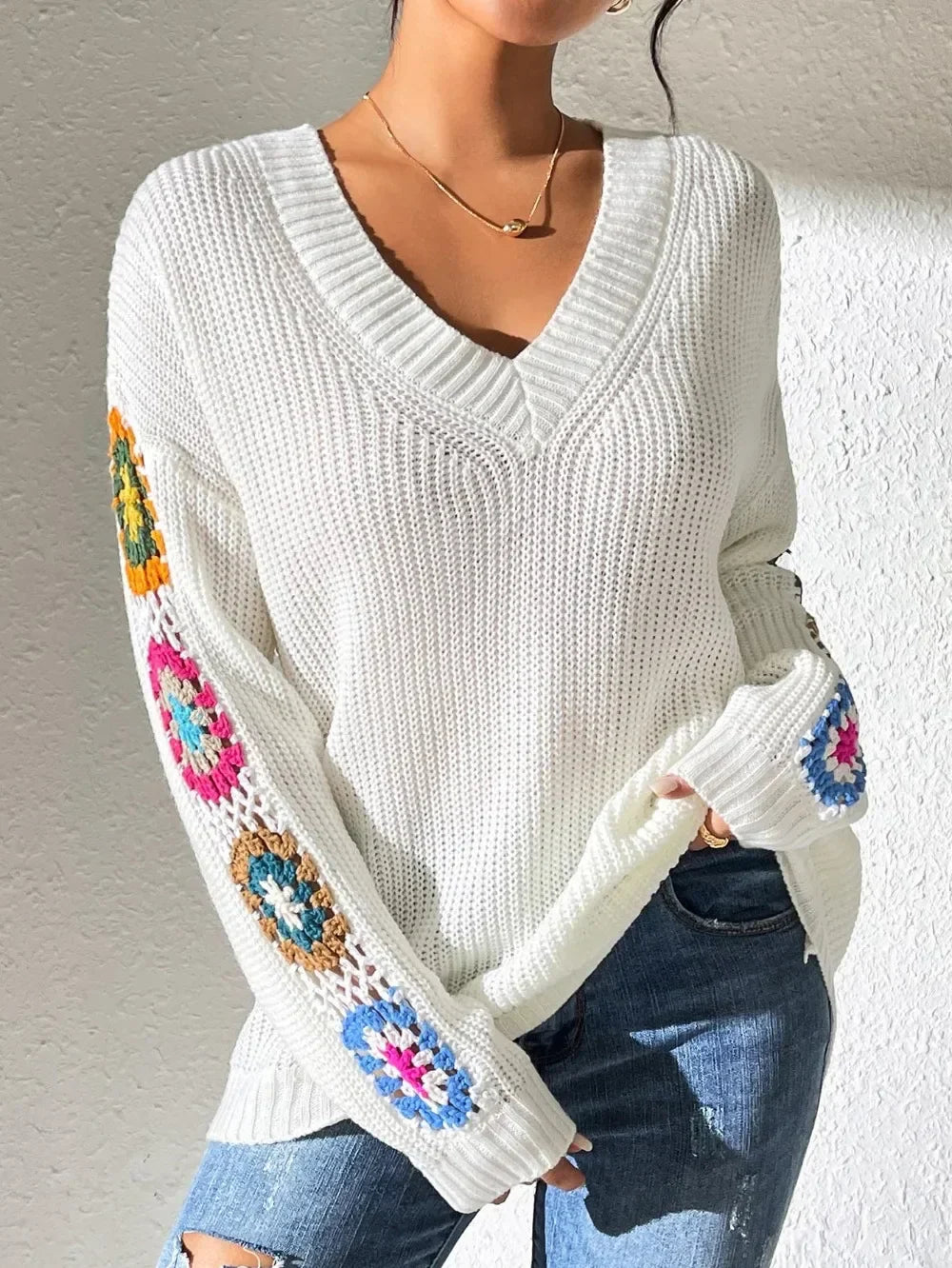 Kine | Floral Sleeve V-Neck Sweater - Premium Sweater from Get Dore - Shop now at Get Dore