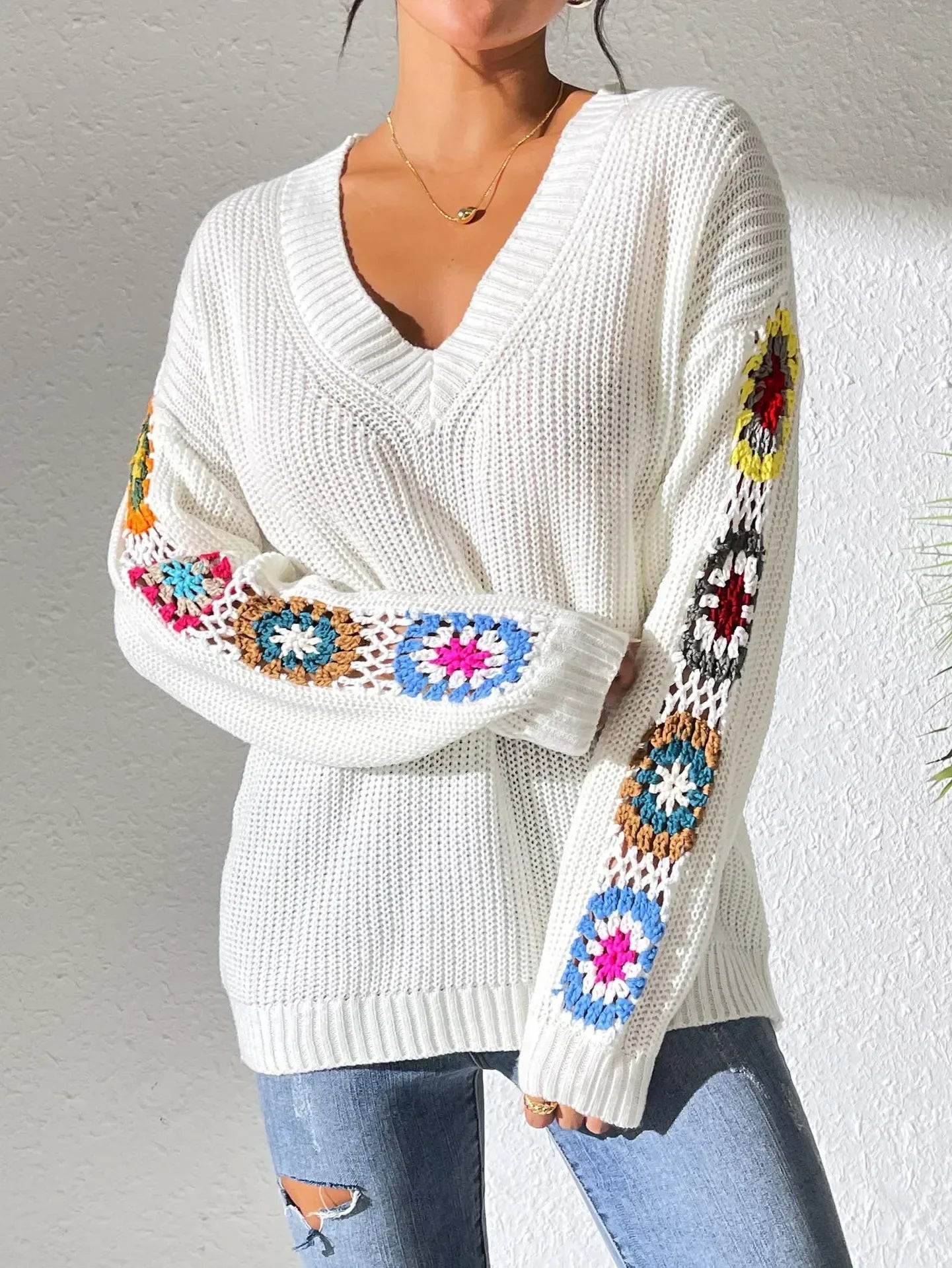 Kine | Floral Sleeve V-Neck Sweater - Premium Sweater from Get Dore - Shop now at Get Dore