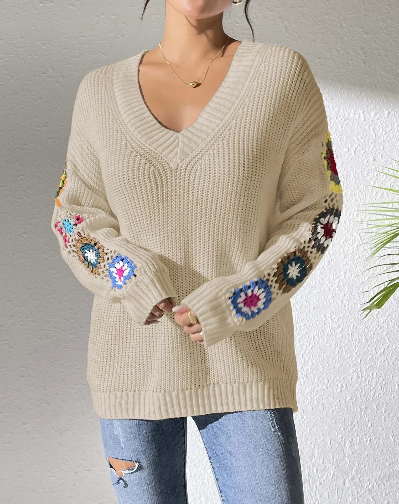Kine | Floral Sleeve V-Neck Sweater - Premium Sweater from Get Dore - Shop now at Get Dore
