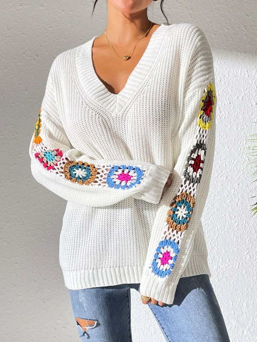 Kine | Floral Sleeve V-Neck Sweater - Premium Sweater from Get Dore - Shop now at Get Dore