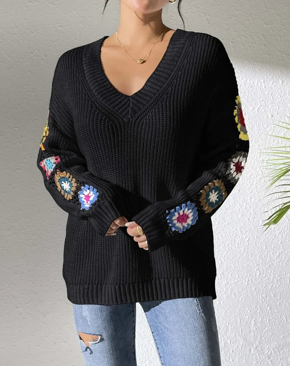 Kine | Floral Sleeve V-Neck Sweater - Premium Sweater from Get Dore -   Shop now at Get Dore